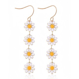 AORHOFJ 2 x Boho Wedding Small Daisy Earrings Gold Small Flower Drop Earrings Long Dangle Earrings White Enamel Floral Tassel Earrings Yellow Flower Chain Hook Earrings for Women