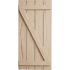 Ekena Millwork 22"W x 52"H Rustic Four Board Joined Board-n-Batten Hand Hewn Faux Wood Shutters w/Z-Board (Per Pair), Primed Tan