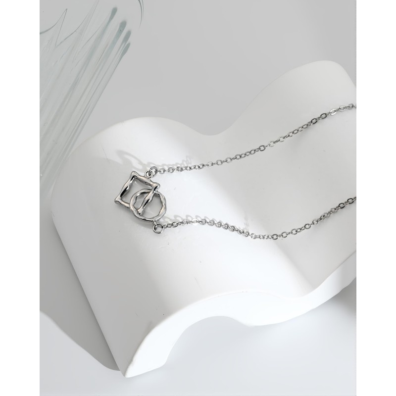 Desnuage Silver Geometric Square and Circle Pendant Necklace Simple Everyday