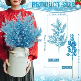 Cindeer 80 Pcs Christmas Glitter Berries Stems and Christmas Glitter Artificial Pine Needles Artificial Christmas Picks Fake Floral Twig Picks Christmas Decorations for Tree Garland (Light Blue)