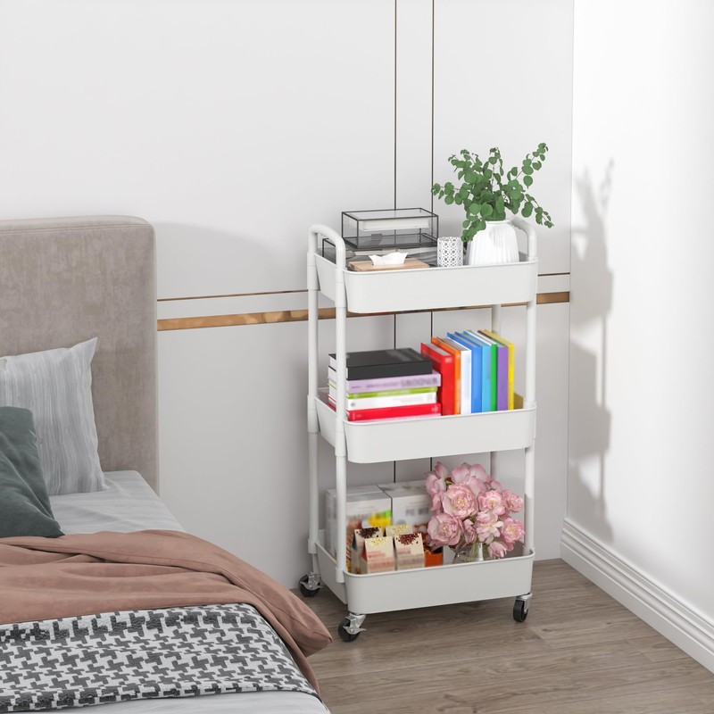 Sywhitta 3-Tier Plastic Rolling Utility Cart with Handle, Multi-Functional Storage