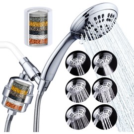 G-Promise Luxury Filtered Handheld Shower Head, 6 Spray Settings Shower Set with Effective Filter of 2 Cartridges, Adjustable Metal Bracket, Extra Long Stretchable Hose, Chrome (Chrome with Filter)