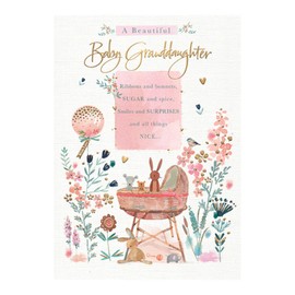 Words n Wishes Beautiful Baby Granddaughter New Baby Card - Moses Basket Woodland Animals Flowers Balloons