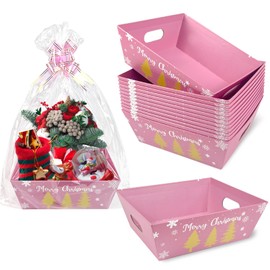 EYUNSTAR 42 Pack Christmas Baskets for Gifts Empty, 14 pcs Pink Christmas Gold Christmas Tree Gift Boxes with Clear Basket Bags and Pull Bows Cute Basket for Xmas Holiday Birthday Party Wedding