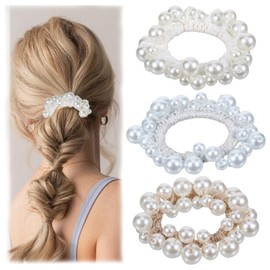 3 Pcs Pearl Hair Ties No Damage, Exquisite Pearl Hair Accessories for Women, Stretchable Elastic Hair Clips Bands with Beads, Big Cute Decorations Scrunchies for Women Girls Ponytail Holders