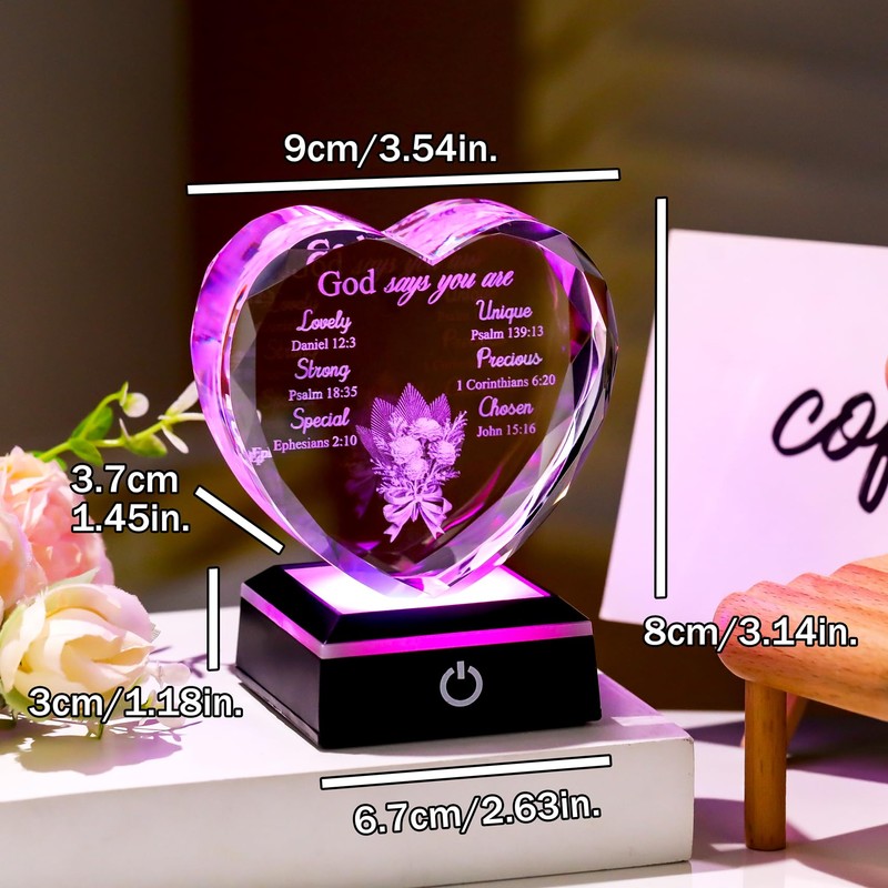 3D Glass Heart Christian Gifts for Women Men Faith Based