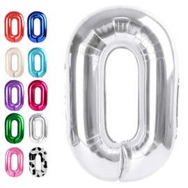 Silver 40 Inch 0 Number Balloons, 0 Decorations for 10 20 30 40 50 60 70 80 90 100Birthday, Foil Giant Birthday Graduations Anniversary Party Balloons
