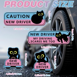4Pcs Black Cat New Driver Car Magnet Sticker Safety Sign, Cute Shivering Cat Student Driver Sign for Car Bumper, Funny Cartoon Nervous Caution Reusable Supplies