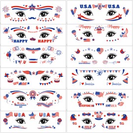 4th of July Tattoos Face - 12Sheets Fourth of July Tattoos Temporary Face Stickers USA American Flag Patriotic Tattoo Make up Independence/Memorial/Labor Day Decorations Accessories Party Supplies