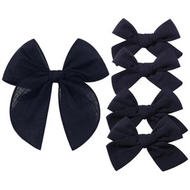 YHXX YLEN 5PCS Navy Blue Cotton Linen Hair Bows for Girls Handmade Alligator Clip Hair Accessories for Babies Infant Toddlers Kids(5inch×1, 4inch×2, 3.5inch×2)