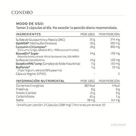 Condro de Oxomio, Eco-Refill 180 cápsulas, Sulfato de Glucosamina y Potasio, Metilsulfonilmetano, Curcumin C3 Complex®, Boswellia, Sulfato de Condroit