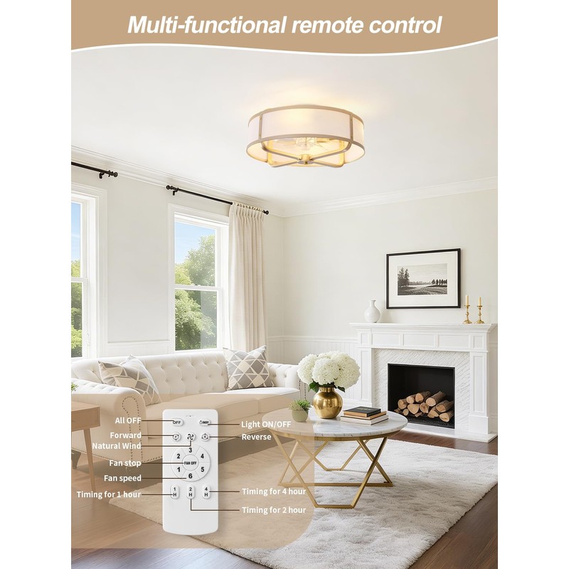 Beiduna 18" Gold Flush Mount Ceiling Fan with Light, Caged