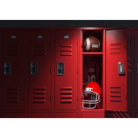 Loccor 7x5ft Fabric Red Locker Room Backdrop American Football Locker Room with Equipment,Ball and Helmet Background Sports Gym School Locker Room Backdrop for Class Photoshoot Props