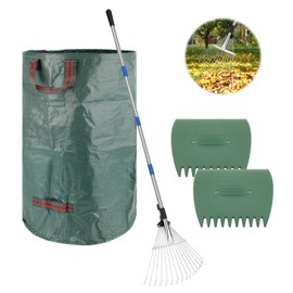 Metal Leaf Rake with Adjustable Handle,SAN LIKE 68 inch Garden Rake Set with 32 Gallon Leaf Bags Leaf Scoops,Heavy Duty Yard Rakes for Gardening Lawns Yard Outdoor Camping
