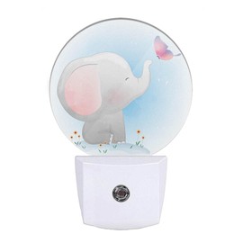 EKOBLA Watercolor Elephant Night Light Cute Little Elephant Play Butterfly Night Lights Plug into Wall with Dusk to Dawn Sensor Round LED Lamp for Girls Boys Nursery