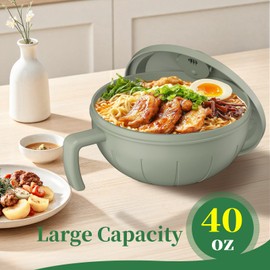 steo spce Large Ramen Bowl Set, 40 Oz Microwaveable Noodle Cooker with Leak-Proof Lids, Chopsticks, Spoon & Fork – Portable and Dishwasher Safe, Ideal for Home, Office, Dorm, or Gift Light (Green)