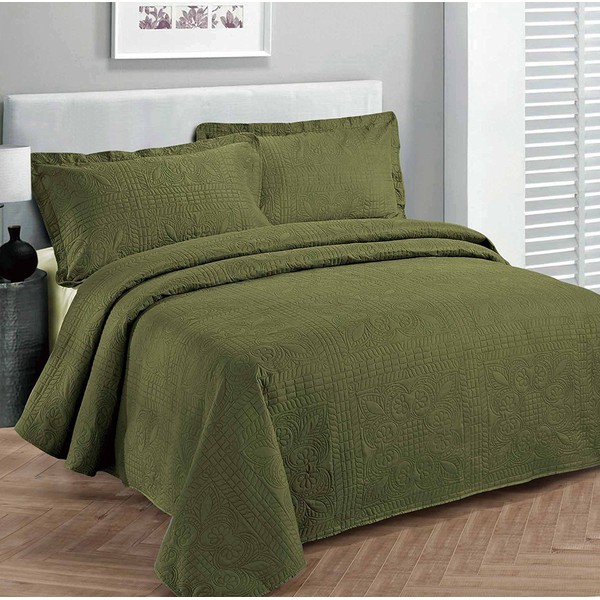 Fancy Collection Luxury Bedspread Coverlet Embossed Bed Cover Solid Olive Green New Over Size King/California King 118"x 106"