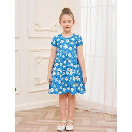 Toddler Girl's Summer Dresses Clothes Cotton Short Sleeve Casual Twirly Tiered Swing Dress Playwear Sundress Clothing Outfits with Pockets Blue Sunflower 3t