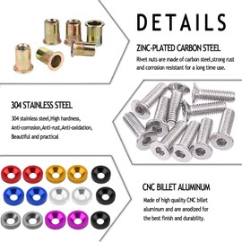 20 Pcs Aluminum Bumper Washer Bumper Washer Stainless Steel Bolt Carbon Steel Rivet Nuts Engine Dress Up Kit (Red)