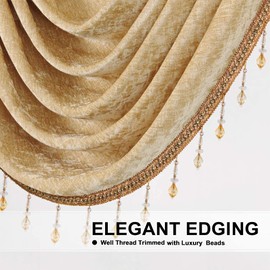 ELKCA Thick Chenille Window Curtains Valance for Living Room Gold Swag Valance with Beads for Bedroom,Rod Pocket (W39inch,1 Panel)
