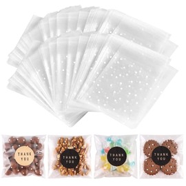 NPLUX 200PACK Self Sealing Cellophane Treat Bags Clear Cookie Bags for Gift Giving with Stickers, Party Favor, Graduation Gift Bags(White Polka Dot, 4X4INCH)