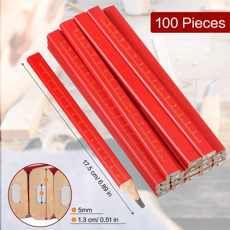 Zonon 100 Pieces Carpenter Pencils Bulk Octagonal Red Hard Black