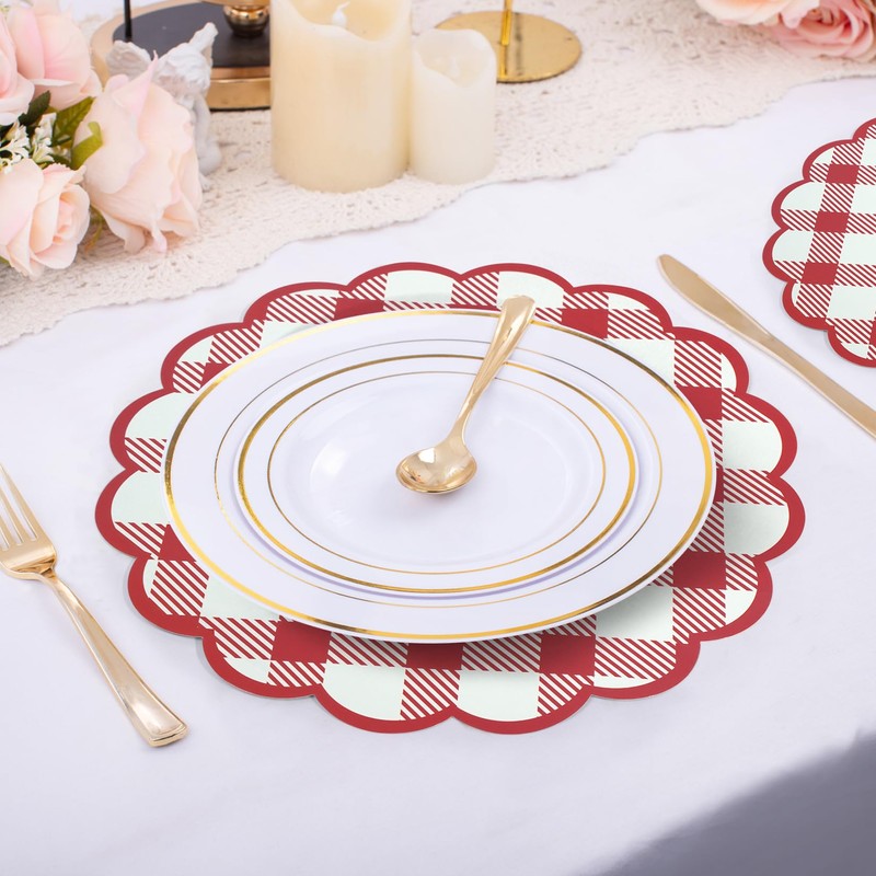 60Pcs Red Checkered Paper Placemats 13.5 Inch Scalloped Round Disposable