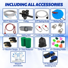 GCCSJ 120FT Zip Line Kit for Kids and Adult Up to 400 lb - Updated Removable Design Trolley and Thickened Seat, Rust Proof W/Safety Harness - Zipline Kits for Backyard