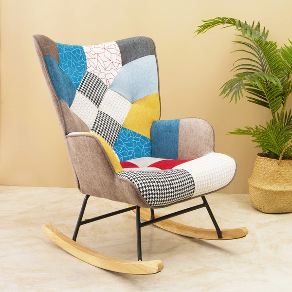 LifeSky Comfy Modern Rocking Chair - Linen Fabric Patchwork Glider Chairs - Rocker Chair for Bedroom Living Room Colorful