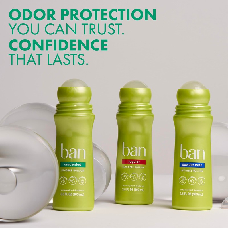 Ban Invisible Roll-on Antiperspirant Deodorant for Women and Men, 24-hour