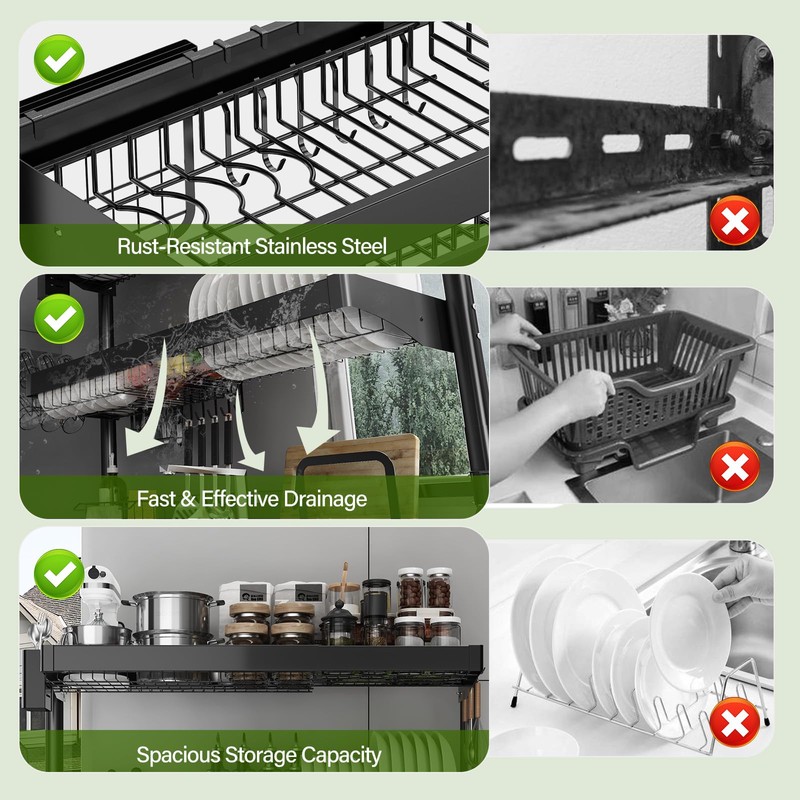 CUISIBOT Over Sink Dish Drying Rack, 3-Tier Full Stainless Steel