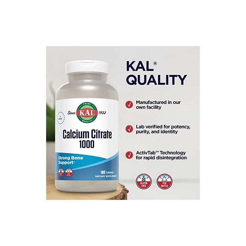 KAL Calcium Citrate Tablets, 1000 mg, 180 Count by Kal