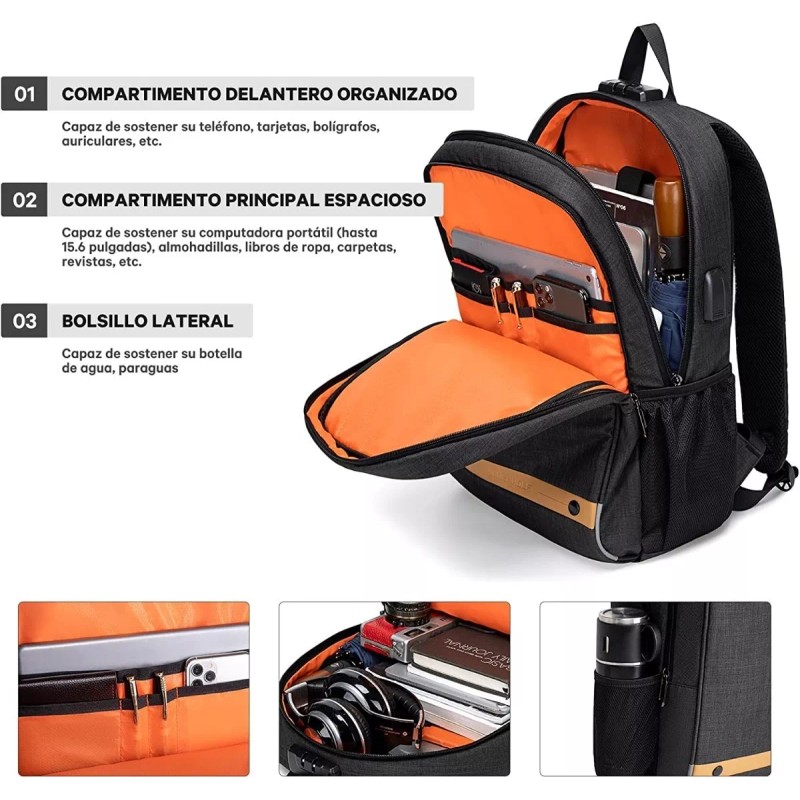 HC Life Mochila Casual Antirrobo Cómoda Urbana Carga Usb Lap