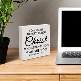 Inspirational Christian Gifts for Women Men Home Office Bible Verse Desk Decor Wooden Box Sign for Her Sister Friend Motivational Gift for Coworker Boss Religious Office Decorative Signs