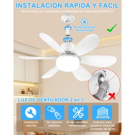 Ventilador de Techo con Luz Led, Abanicos de Techo E26/E27, Foco Abanico de Techo con Control Remoto, Socket Fan Light de 3 Colores Regulable 3 Velocidades, Lámpara Ventilador Techo Modernos(30W)