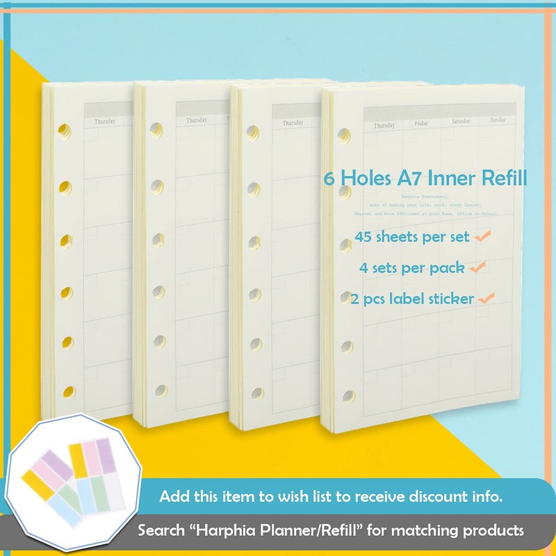 A7 Planner Refill,4 Packs per Set, Monthly Plan Paper, A7