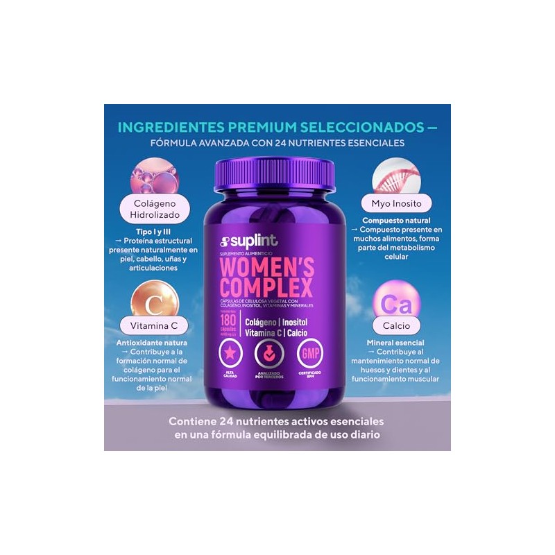 Vitaminas para Mujer con Colágeno Hidrolizado, Inositol, Biotina, Ácido Fólico
