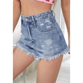 Metietila Women's High Waisted Ripped Raw Hem Summer Jeans Shorts Stretchy Denim Shorts Medium Indigo Medium