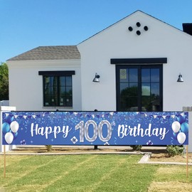 Happy 100th Birthday Banner Balloons Gift Crystal Glittery Stars Confetti Theme Decor Decorations for Men Women 100th Birthday Party Cheers to 100th Years Party Bday Supplies Silver and Blue Backdrop