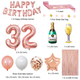 Fancypartyshop 32nd Birthday Decorations - Rose Gold Happy Birthday Banner and Sash with Number 32 Balloons Latex Confetti Balloons Ideal for Girl and Women 32 Years Old Birthday Rose Gold