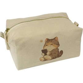 'Cute Chubby Cat with Cellphone' Canvas Wash Bag/Makeup Case (CS00044581)