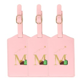 YELARXI Luggage Tags, Initial Letter Travel Luggage Baggage Labels PU Leather Tag Waterproof for Privacy Protection ID Suitcase Identifier Backpack (3 Pack, Pink M)