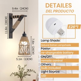 SEEBLEN Battery Operated Wall Sconce Set of Two, 12 RGB Colors Wireless Rechargeable Wall Light with Remote Control, Dimmable Farmhouse Wood Wall Lamp for Bedroom Living Room.