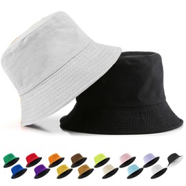 YOUYIKE 100% Cotton Double Sided Bucket Hat - Double Sided Bucket Hat for Men & Women - Sun Protection with Large Edge - Summer Leisure Hat for Beach, Travel & Outdoor - 15 Colours, White