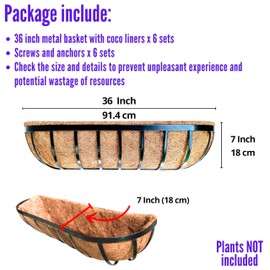 LaLaGreen Deck Railing Planter Boxes - 6 Pack, 36 Inch Long Window Flower Box Attach to House, Wall Planters for Outdoor Plants with Coco Liners English Horse Trough Fence Balcony Garden Porch Rail