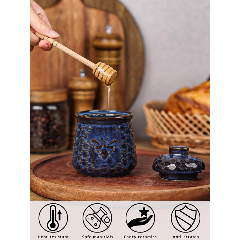 Ceramic Honey Jar with Dipper and Lid 10oz, Honey Pot