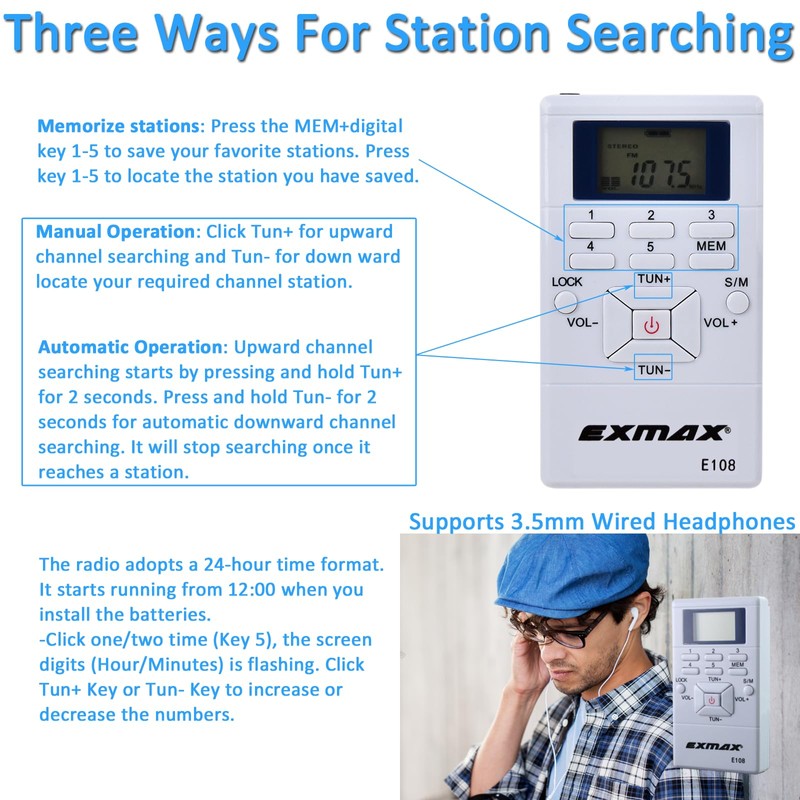EXMAX E108 Wireless FM Radio Receiver Portable DSP Stereo Pocket