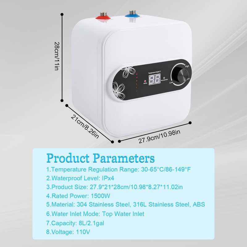 Electric Mini-Tank Water Heater, 110V 2.1 Gallons 1.5KW Instant Hot