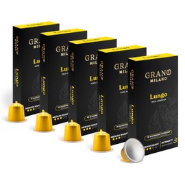 Grano Milano Lungo 100% Arabica - 50 Aluminium Coffee Pods Compatible with Nespresso Original line - Intensity 8, Medium Roast Coffee Capsules Made in Italy