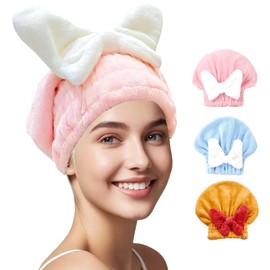 Meichoon Hair Drying Towel Set 3 Ultra Absorbent Microfiber Hair Towels with Stylish Bow Cap Design Elastic Band for Fast Drying Comfort DK60 B